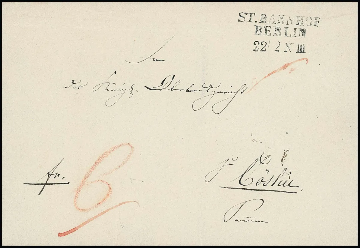 "Berlin", (1845), clear L3 "ST. BAHNHOF BERLIN" on decorative luxury letter cover to Cöslin, the postmark is only registered from 7.2.1844 to 11.12.1845 and…