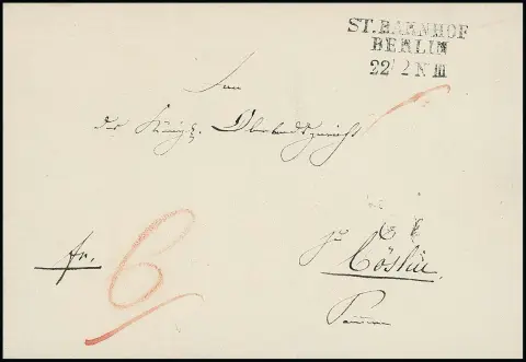 "Berlin", (1845), klarer L3 "ST. BAHNHOF BERLIN" auf dekorativer Luxus-Briefhülle nach Cöslin, der Stempel ist nur vom 7.2.1844 bis 11.12.1845 registriert und…