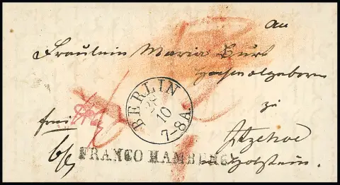 "Berlin", 1841, K1 du bureau de poste de la cour sur petit billet de dame en port partiel pour Itzehoe, L1 "FRANCO HAMBURG", au verso K2 de la collection de lettres…