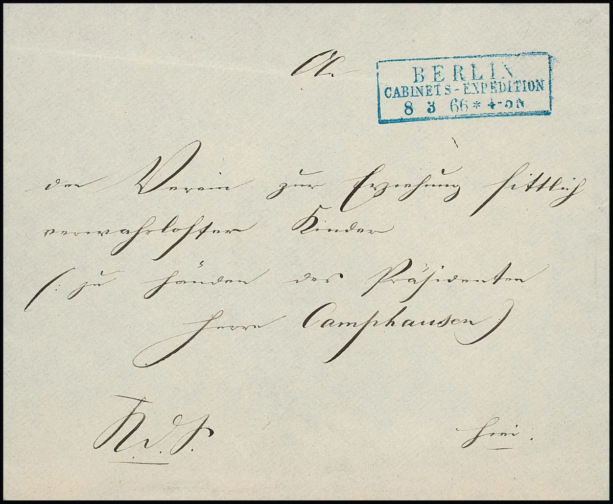 "Berlin Cabinets-Expedition", 1866, empreinte idéalement claire du Ra3 bleu sur lettre locale très bien conservée avec contenu complet, signée de la main de…