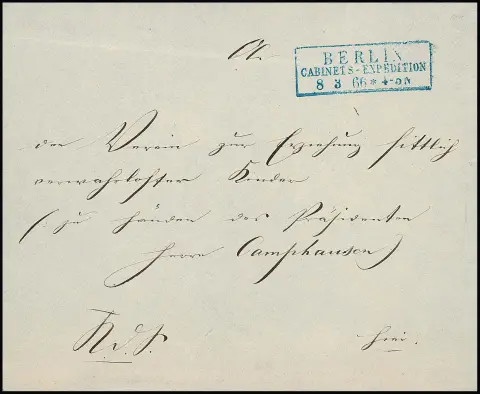 "Berlin Cabinets-Expedition", 1866, empreinte idéalement claire du Ra3 bleu sur lettre locale très bien conservée avec contenu complet, signée de la main de…