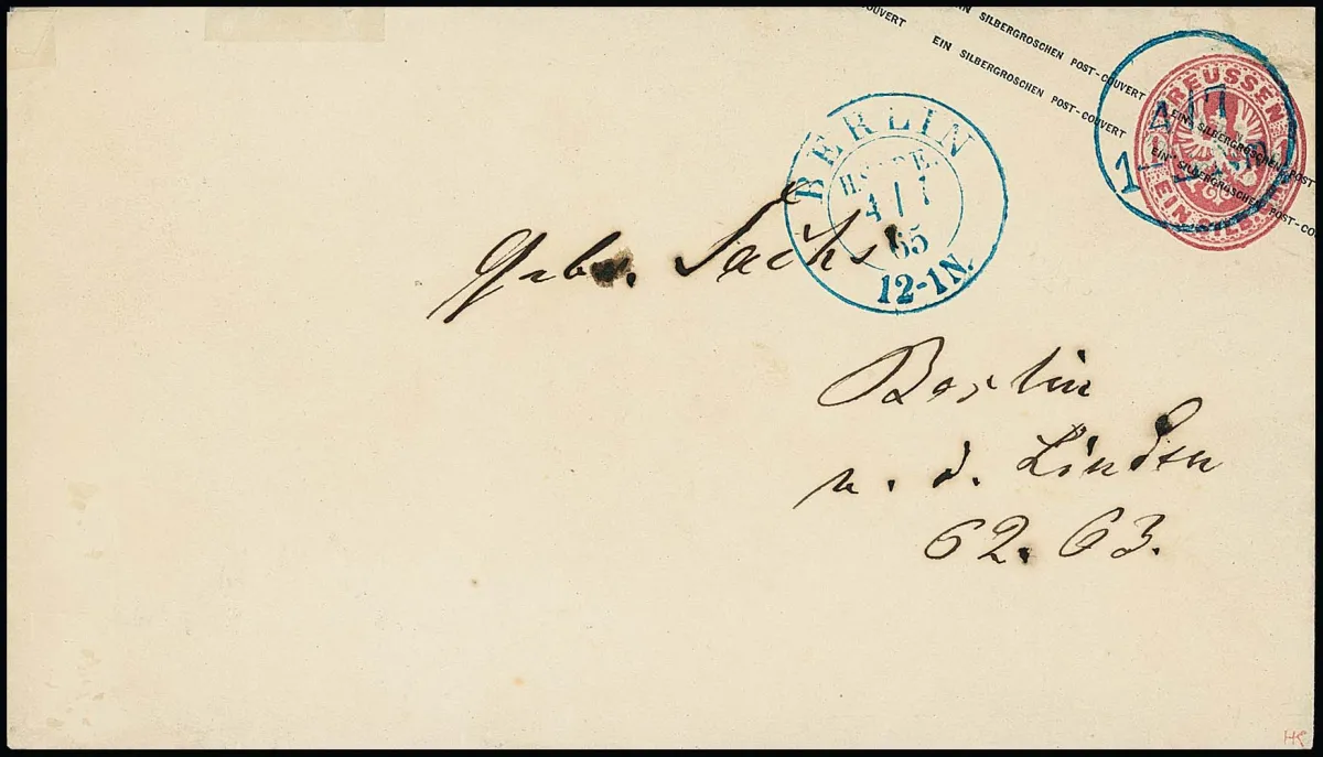 "Berlin H.ST.P.E.", der blaue K2 des Hofpostamtes vom 4.7.1865 nebengesetzt, der Wertstempel jedoch entgegen der Vorschrift mit dem Ausgabe-K1 (eine Stunde…