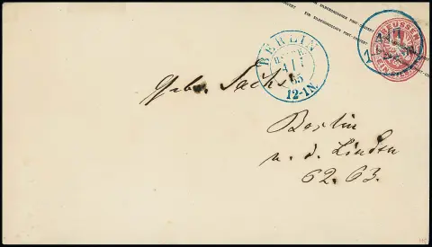 "Berlin H.ST.P.E.", le K2 bleu du bureau de poste de la cour du 4.7.1865 apposé à côté, le timbre-valeur toutefois oblitéré contrairement à la prescription avec le K1 de distribution (une heure…