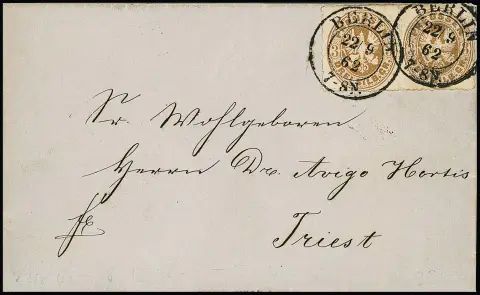 "Berlin", K2 du bureau de poste de la cour avec année, du 22.9.1862, net sur superbe double lettre avec paire armoiries 3 Sgr. pour Trieste.