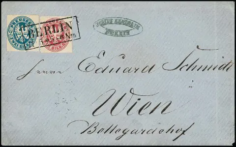 "Berlin", le grand Ra2 du bureau de poste de la cour en type spécial, net sur deux lettres avec combinaisons des armoiries 2 Sgr. bleu prussien.