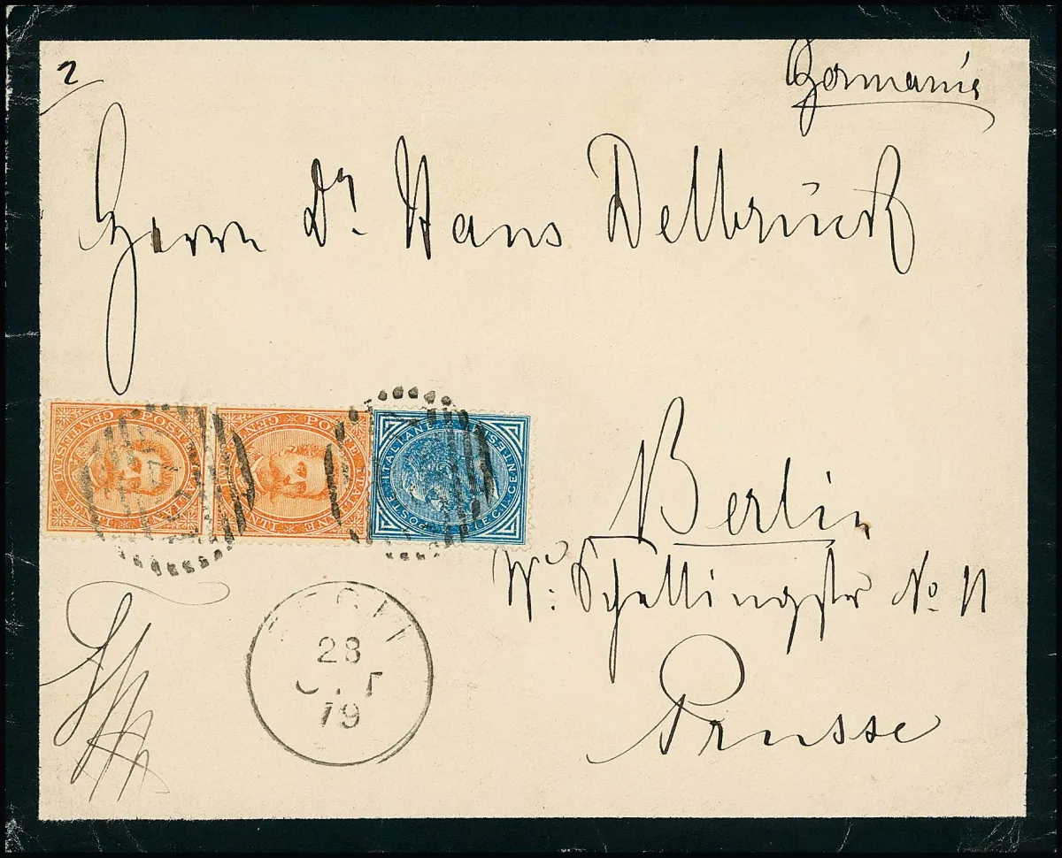 1879, bureau de poste de cabinet de Berlin, unique enveloppe de deuil du prince héritier allemand Friedrich Wilhelm (futur empereur Friedrich III).