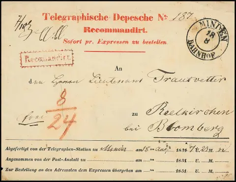 1848, enveloppe préimprimée de télégramme rouge (traces d'usage habituelles) avec K2 "Minden Bahnhof" pour Reelkirchen près de Blomberg (Taxis).