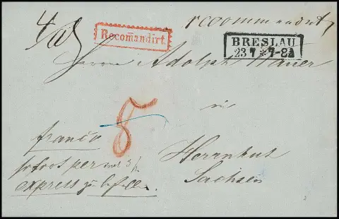1854/57, deux lettres recommandées de même correspondance avec Ra2 "Breslau" vers Herrnhut/Saxe, port "5" Sgr. et "8" Sgr. pour rare Reco-Expreß dans…