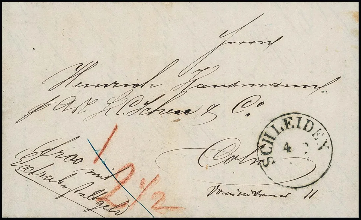 1857, K1 "Schleiden" auf Expreßbrief mit Bartaxen "1" und "2 1/2" (für Expreß) nach Cöln