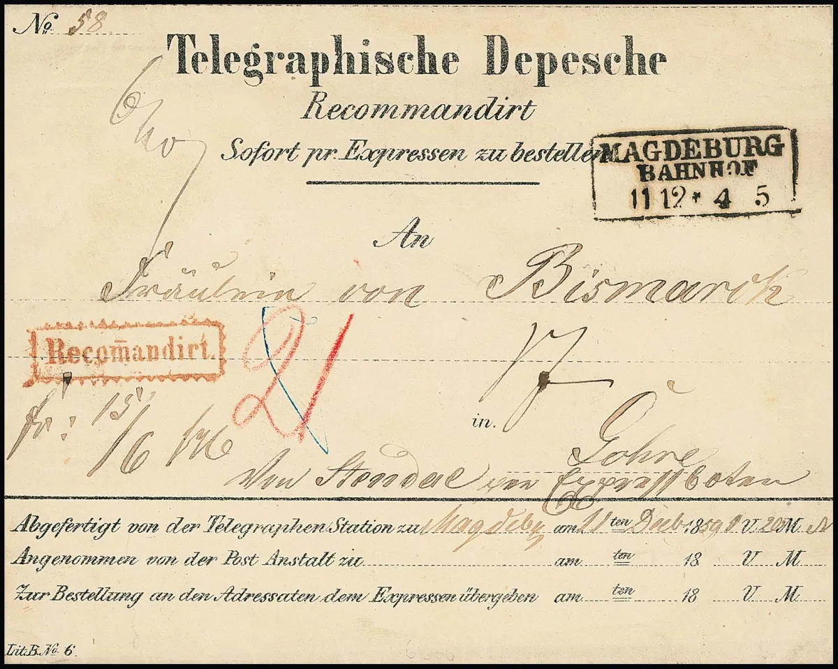 1859, Ra3 "Magdeburg Bahnhof" auf Telegramm-Couvert an Fräulein von Bismarck in Gohre bei Stendal, eingeschrieben als Landexpreß, wofür die Empfängerin…