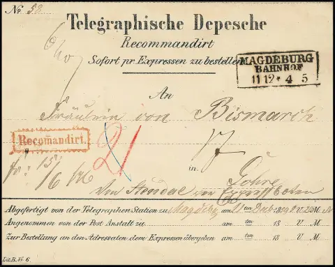 1859, Ra3 "Magdeburg Bahnhof" sur enveloppe de télégramme à Mademoiselle von Bismarck à Gohre près de Stendal, recommandé comme exprès rural, pour lequel la destinataire…
