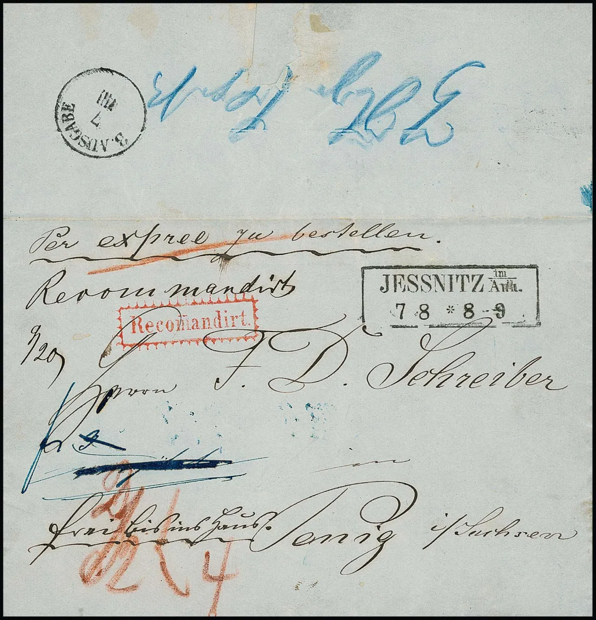 1860, Ra2 "Jessnitz im Anh." op Reco-Expreß brief naar Penig/Saksen in de postvereniging, met bijbehorende roze expressebriefje, waarop de ontvanger…