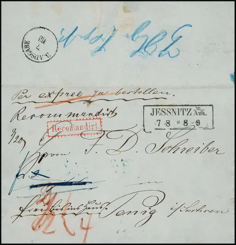 1860, Ra2 "Jessnitz im Anh." sur lettre Reco-Expreß vers Penig/Saxe dans l'union postale, avec bulletin exprès rose, sur lequel le destinataire…
