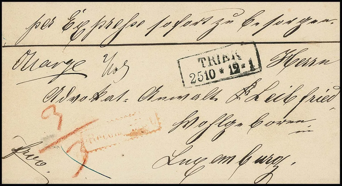 1865 (ca.), Ra2 "Trier" sur lettre exprès recommandée vers Luxembourg, à cette époque DÖPV, port donc 1 Sgr., plus 2 Sgr. Reco et 3 Sgr. exprès, vs.…