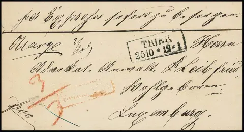 1865 (ca.), Ra2 "Trier" sur lettre exprès recommandée vers Luxembourg, à cette époque DÖPV, port donc 1 Sgr., plus 2 Sgr. Reco et 3 Sgr. exprès, vs.…
