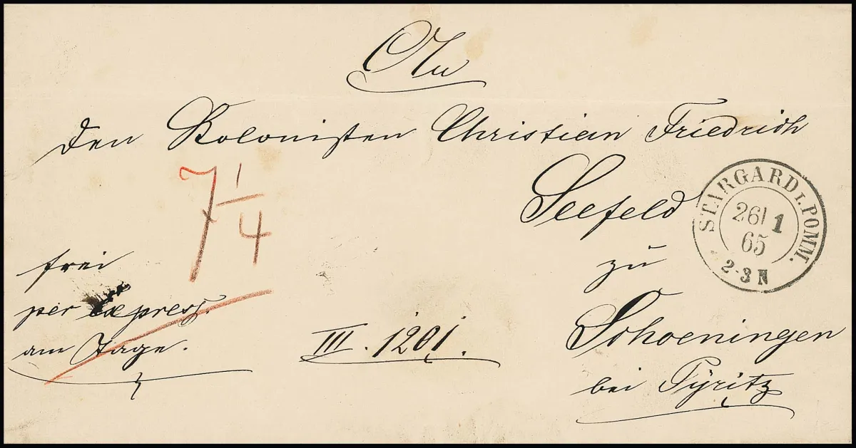 1865, K2 "Stargard i. Pom." на редком оплаченном наличными сельском экспресс-письме в Шёнинген под Пюрицем