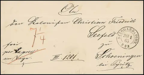 1865, K2 "Stargard i. Pom." sur lettre exprès rurale rare payée en espèces vers Schoeningen près de Pyritz, taxe de "7 1/4" Sgr. indiquant une facturation de 1 1/4 Sgr. par demi-mile au lieu de 2 1/2 Sgr. par mile