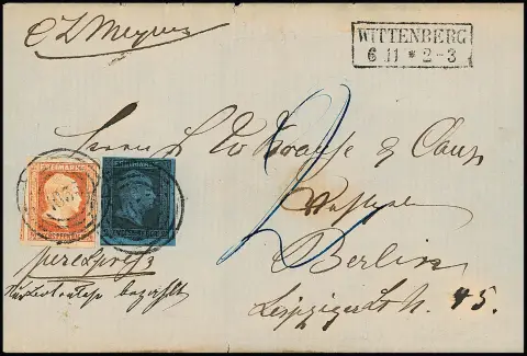 1/2 Sgr. rouge brique et 2 Sgr. noir/bleu (déjà collés avec "pli") sur lettre exprès aux bords froissés avec NS "1655" et Ra2 "Wittenberg" pour Berlin, seul le tarif exprès affranchi, le port de "2" Sgr. perçu du destinataire, signé Krause, Banker