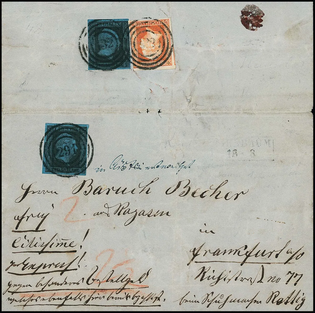 1/2 Sgr. baksteenrood (min. geraakt) en 2 Sgr. zwart/blauw als expresrecht op achterzijde (min. kreukelsporen), op voorzijde nog 2 Sgr. zwart/blauw als port, op expressebrief van Birnbaum (zwakke Ra2) naar Frankfurt/O. De twee achterzijde zegels afgestempeld met NS "132" van Birnbaum, de voorzijde 2 Sgr. echter onderweg met NS "291" en naastliggende hs. notitie "in Cüstrin nachentwertet". Zeer ongebruikelijke procedure met twee verschillende