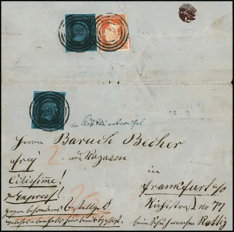 1/2 Sgr. rouge brique (min. touché) et 2 Sgr. noir/bleu comme tarif exprès au verso (min. traces de froissement), au recto 2 autres Sgr. noir/bleu comme port, sur lettre exprès de Birnbaum (Ra2 fin) pour Frankfurt/O. Les deux timbres au verso oblitérés avec NS "132" de Birnbaum, les 2 Sgr. au recto cependant en transit avec NS "291" et mention ms. "in Cüstrin nachentwertet". Procédé très inhabituel avec deux différents