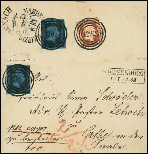 1/2 Sgr. rouge brique et 2 Sgr. noir/bleu, exemplaires parfaitement dentelés comme tarif exprès au verso, au recto 2 autres Sgr. noir/bleu (en haut à droite un peu court) comme port, sur lettre exprès avec NS "1292" et Ra2 "Sachsenburg". Signé Bühler, ex Gunn