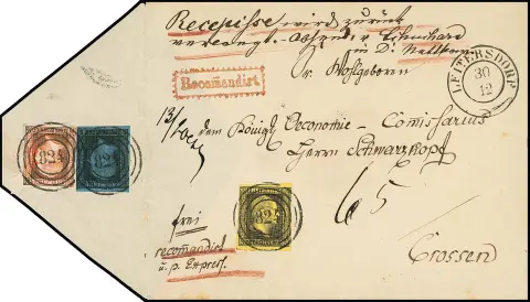 1/2 Sgr. rouge brique et 2 Sgr. noir/bleu en port exprès au verso, au recto 3 Sgr. noir/jaune, comme port et taxe de recommandation, sur une rare lettre exprès recommandée précoce avec NS "824" et K2 "Leitersdorf" pour Crossen, en plus ms. "Recepisse wird zurück verlangt", en liaison avec le recommandé exprès probablement une lettre unique de la 1ère émission en parfait état