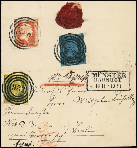 1/2 Sgr. rouge brique et 2 Sgr. bleu en port exprès au verso, au recto 3 Sgr. noir/jaune comme port, tous parfaitement dentelés, sur une très précoce lettre exprès avec NS "982" (sur le 1/2 Sgr. le chiffre "9" mal venu corrigé à la main postalement) et Ra3 "Münster Bahnhof" (16.11.!) pour Berlin