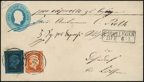 1/2 Sgr. rouge brique et 2 Sgr. noir/bleu, deux exemplaires légèrement touchés sur entier postal 2 Sgr. bleu comme rare lettre exprès rurale avec NS "462" et Ra2 "Gardelegen" pour Dosendorf près de Cöthen, au recto "5 Sgr. per Expreß" perçus pour la commande rurale, rare avec la 1ère émission
