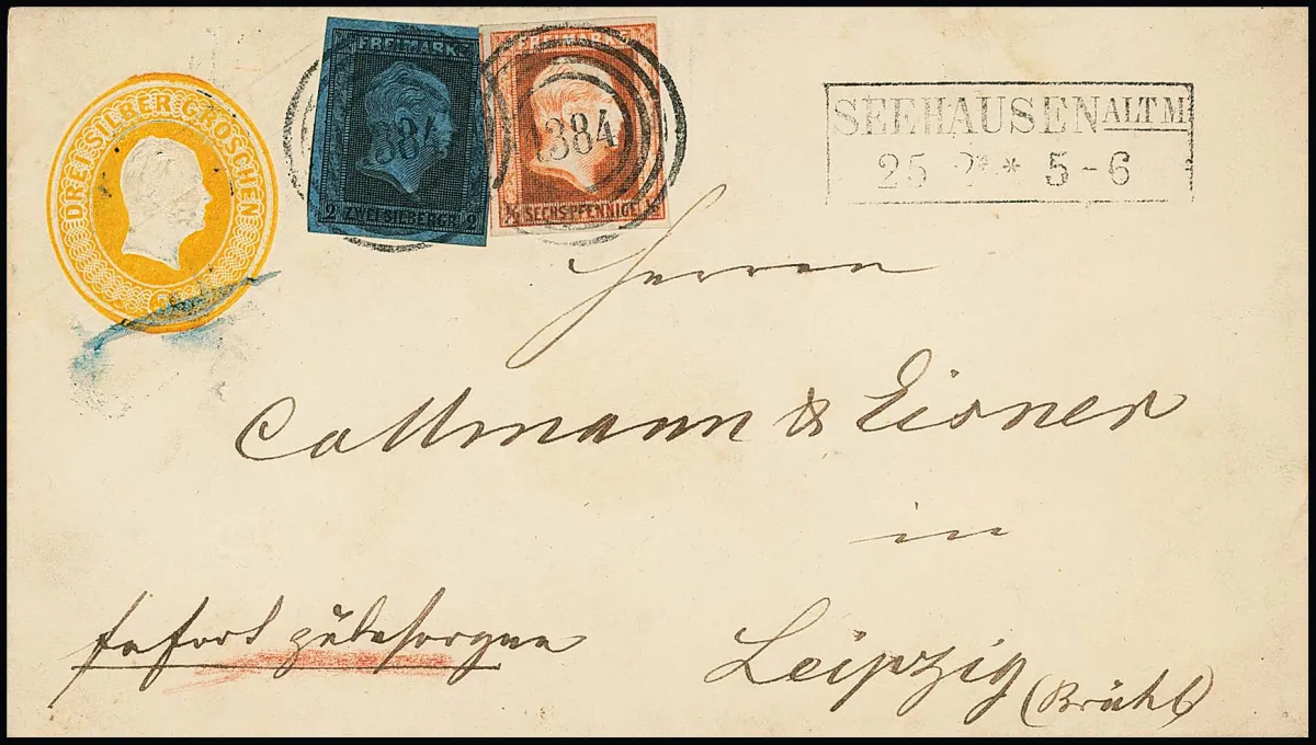 1/2 Sgr. rouge brique et 2 Sgr. noir/bleu, exemplaires parfaits sur entier postal 3 Sgr. orange, avec NS "1384" et Ra2 "Seehausen Altm." comme lettre exprès dans l'union postale pour Leipzig. Ceux-ci étaient d'une part possibles seulement en recommandé, d'autre part ici seulement les 2 1/2 Sgr. de taxe de recommandation intérieure au lieu de 3 Sgr. de l'union postale affranchis, probablement pièce unique