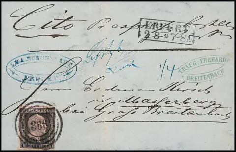 1 Sgr. noir/rose, pièce magnifique sur lettre exprès rurale pliée ("cito Pr. Expreß bestellen") avec NS "386" et Ra2 "Erfurt" 1856 pour Wasserberg près de Großbreitenbach/Taxis. Les lettres exprès rurales dans le DÖPV devaient cependant être envoyées par recommandé, celle-ci comme lettre "Brfkast." très inhabituelle. Photoexp. Brettl