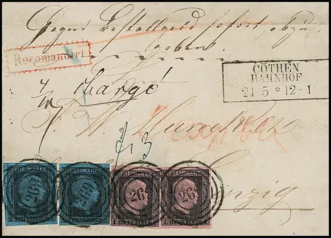 1 Sgr. noir/rose et 2 Sgr. noir/bleu par deux, chacun un 1 et 2 Sgr. à droite légèrement touché, sur lettre recommandée exprès avec NS "269" et Ra3 "Cöthen…"