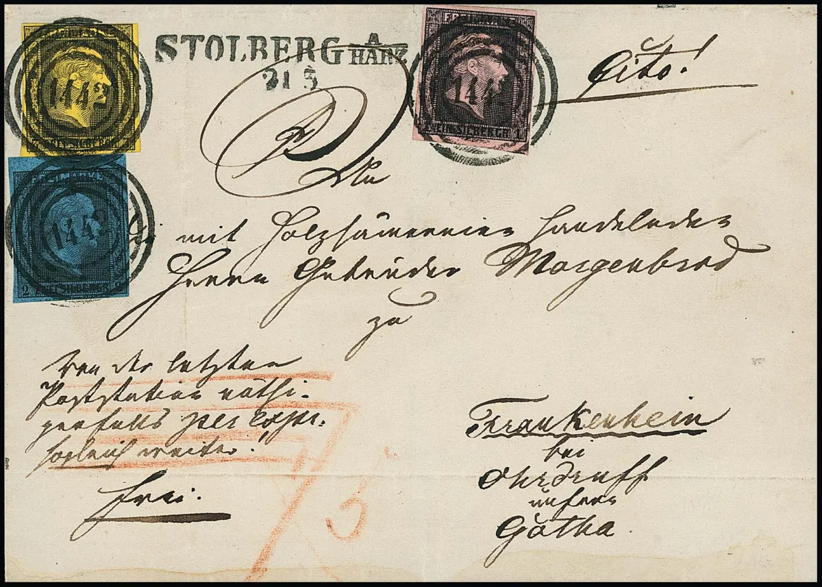 1 Sgr. noir/rose, 2 Sgr. noir/bleu et 3 Sgr. noir/jaune, tous parfaits et bien margés, sur lettre exprès très précoce (du 21.5.1851) avec NS "1442"…