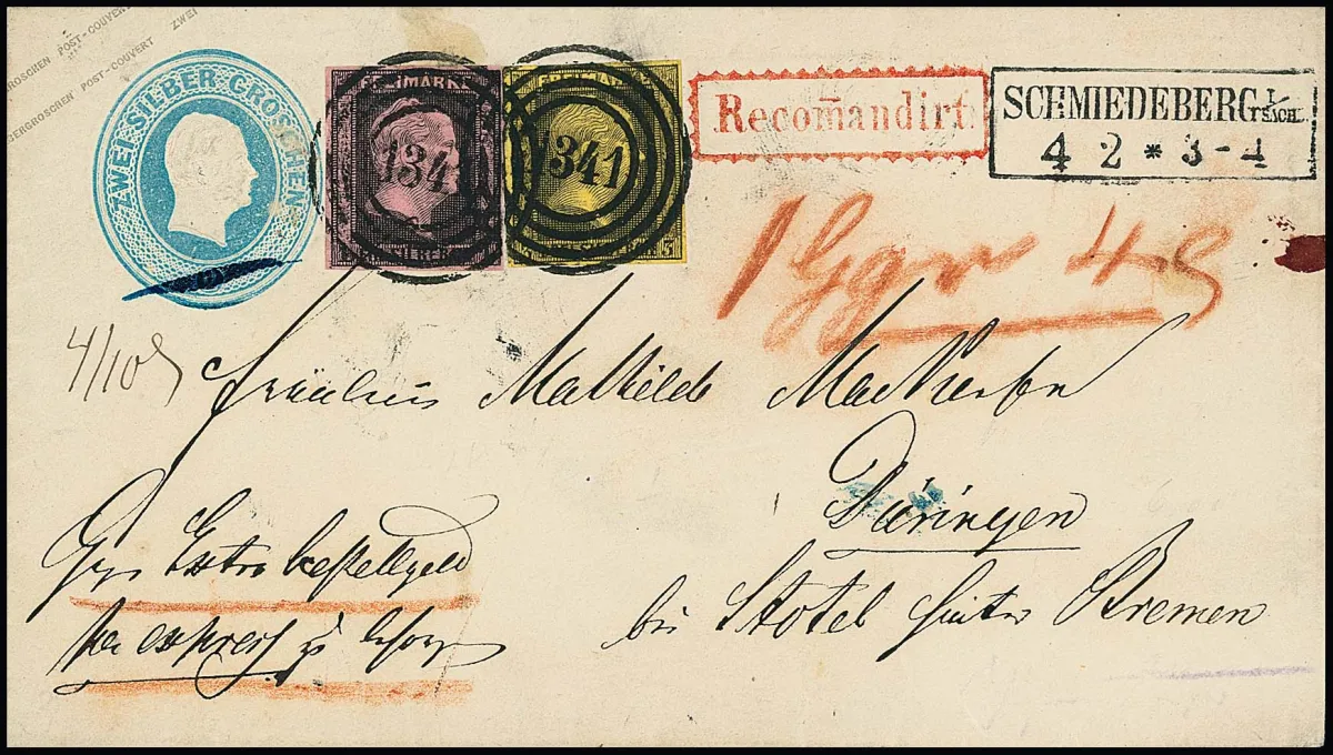 1 Sgr. black/pink and 3 Sgr. black/yellow, perfect examples on 2 Sgr. blue postal stationery, with clear NS "1341" and Ra2 "Schmiedeberg i. Sach." as…