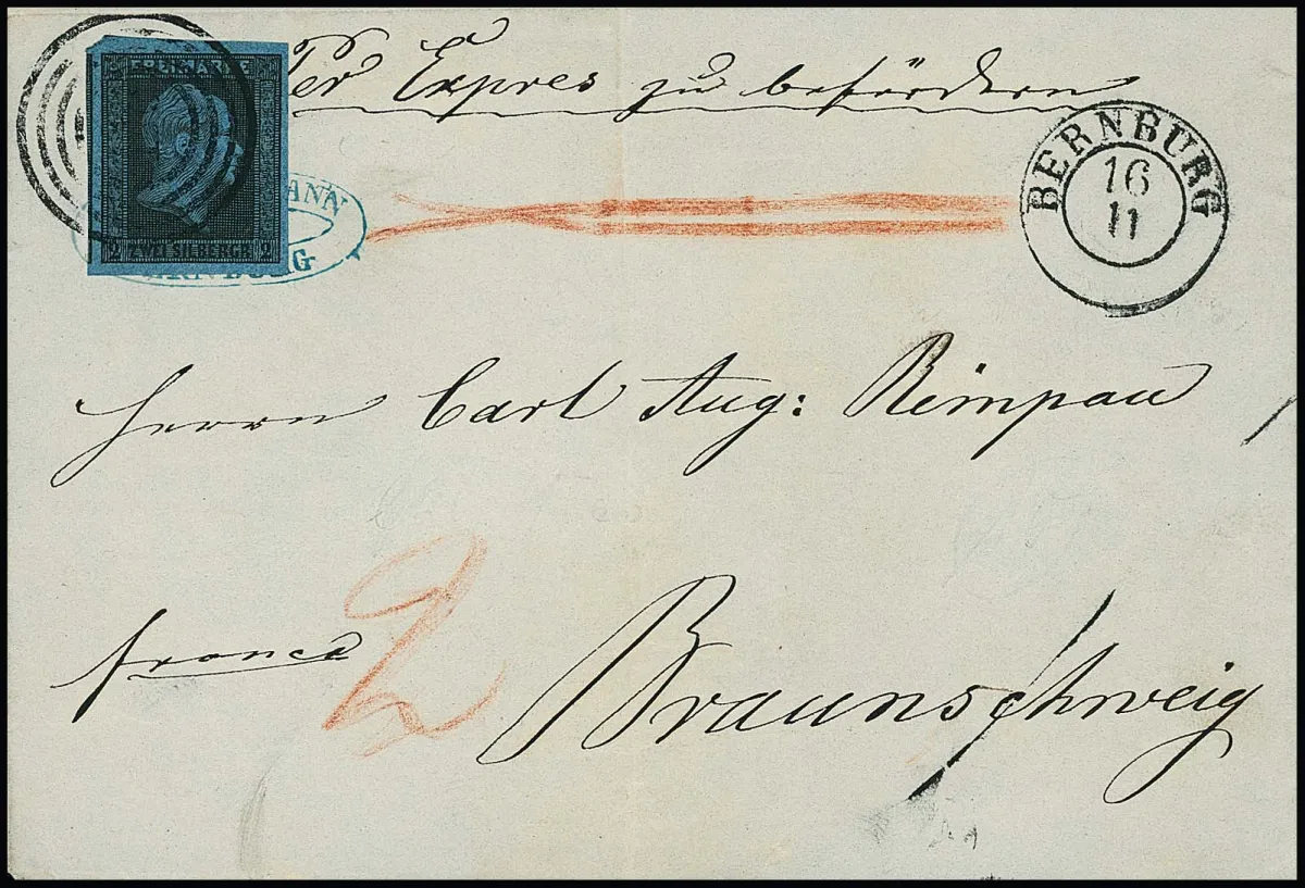 2 Sgr. noir/bleu, pièce de cabinet très large avec NS "110" et K2 "Bernburg" sur lettre exprès dans l'union postale vers Braunschweig, curiosité avec absence de…