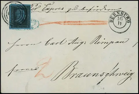 2 Sgr. noir/bleu, pièce de cabinet très large avec NS "110" et K2 "Bernburg" sur lettre exprès dans l'union postale vers Braunschweig, curiosité avec absence de…
