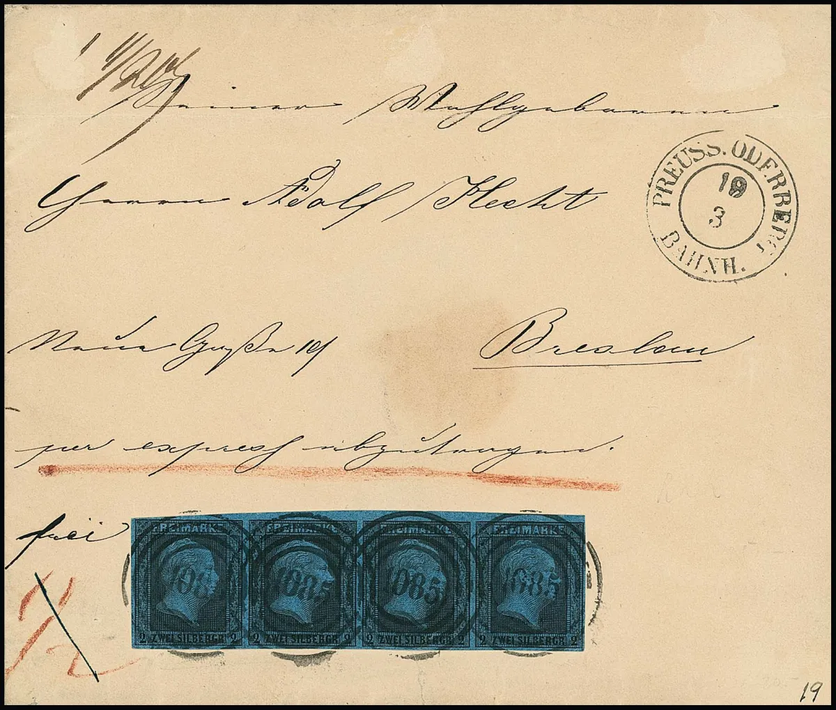 2 Sgr. zwart/blauw, van deze zegel zeldzame horizontale kabinetstrook van vier met NS "1085" en neven-K2 "Preuss. Oderberg Bahnh." op expressebrief van de 2e…