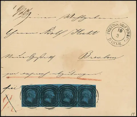 2 Sgr. noir/bleu, de ce timbre rare bande horizontale de quatre pièce de cabinet avec NS "1085" et K2 latéral "Preuss. Oderberg Bahnh." sur lettre exprès de la 2e…