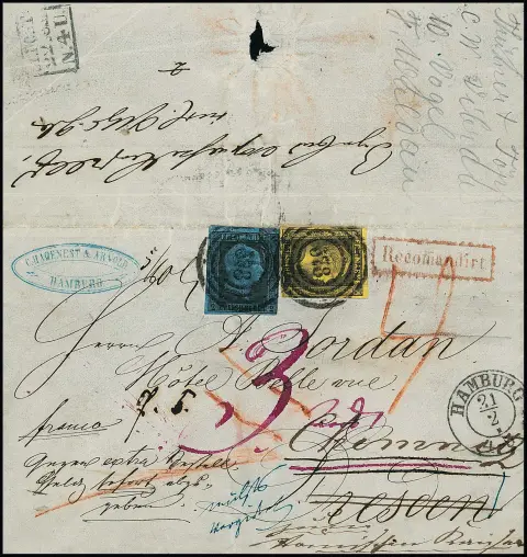 2 Sgr. noir/bleu (petite marge) et 3 Sgr. noir/orange foncé sur grande partie d'une lettre recommandée exprès sous-affranchie avec NS "578" et K2 "Hambourg" pour Dresde et réexpédiée à Chemnitz, ms. "à remettre immédiatement contre taxe de commande supplémentaire" avec ajout ms. "Rien remboursé" (car seul le port et la taxe de recommandation affranchis), la réexpédition d'abord calculée à "3" puis à 4 Ngr. et en plus au destinataire "3 gr. payés comptant exprès" pour l'express