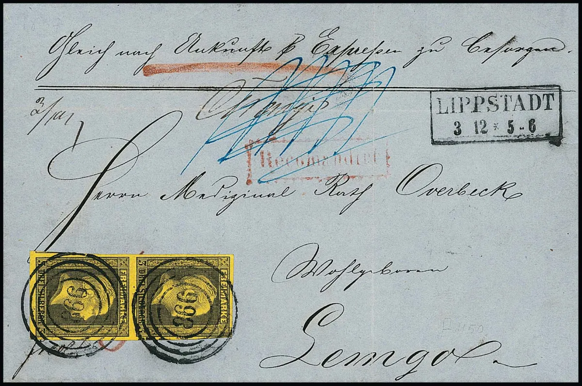 3 Sgr. noir/jaune en paire verticale de luxe sur lettre recommandée exprès avec NS "866" et Ra2 "Lippstadt" pour Lemgo dans l'union postale. Unique et décoratif