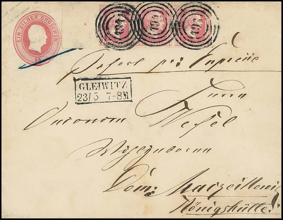 1 Sgr. rose, bande de trois avec à gauche 19mm de marge de feuille et numéro de rangée "4", timbre de droite min. fente de marge supérieure, sur entier postal tête 1 Sgr. rose grand format, avec NS "494" et Ra2 "Gleiwitz" comme lettre exprès pour Königshütte. En tant qu'unité de marge aussi large de la 2e émission, inhabituel !