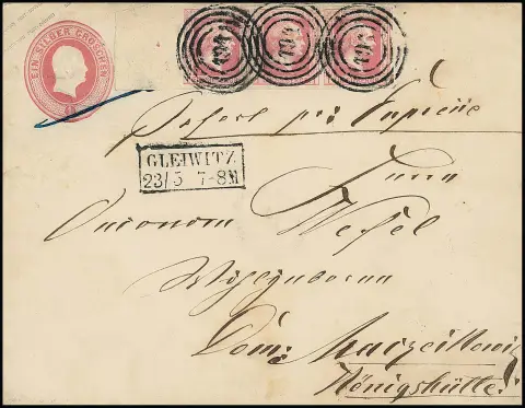 1 Sgr. rose, bande de trois avec à gauche 19mm de marge de feuille et numéro de rangée "4", timbre de droite min. fente de marge supérieure, sur entier postal tête 1 Sgr. rose grand format, avec NS "494" et Ra2 "Gleiwitz" comme lettre exprès pour Königshütte. En tant qu'unité de marge aussi large de la 2e émission, inhabituel !