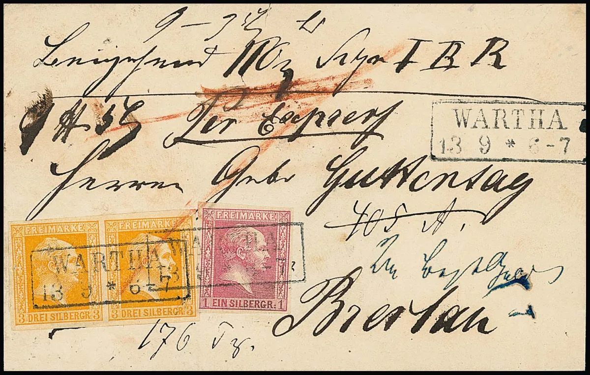 3 Sgr. orange im Paar (linker Wert kl. Spalt) in Mischfrankatur mit 1 Sgr. rosa auf seltenem Expreß-Paketbegleitbrief mit Ra2 "Wartha" nach Breslau,…