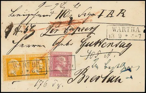 3 Sgr. orange en paire (valeur de gauche petite fente) en affranchissement mixte avec 1 Sgr. rose sur rare lettre d'accompagnement de colis exprès avec Ra2 "Wartha" pour Breslau, au verso rabats légèrement raccourcis, rare forme d'utilisation comme lettre de colis en plus par exprès