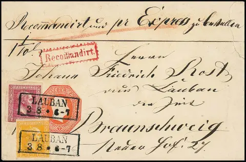 1 Sgr. carmin et 3 Sgr. orange, à peine touchés, avec découpe octogonale d'entier 7 Sgr. rouge brique sur couvert recommandé exprès…