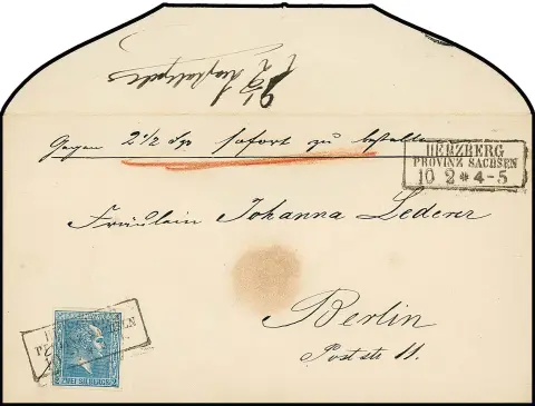 2 Sgr. bleu, pièce de choix avec Ra3 "Herzberg Provinz Sachsen" sur couvert exprès pour Berlin, seul le port de lettre affranchi, la taxe d'exprès de "2 1/2" Sgr.…