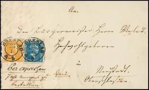2 Sgr. bleu (en haut à gauche "bord à la loupe") et 3 Sgr. orange, exemplaires parfaits sur lettre exprès avec K2 "Breslau" pour Neustadt. Rare mention ms. précise "7…