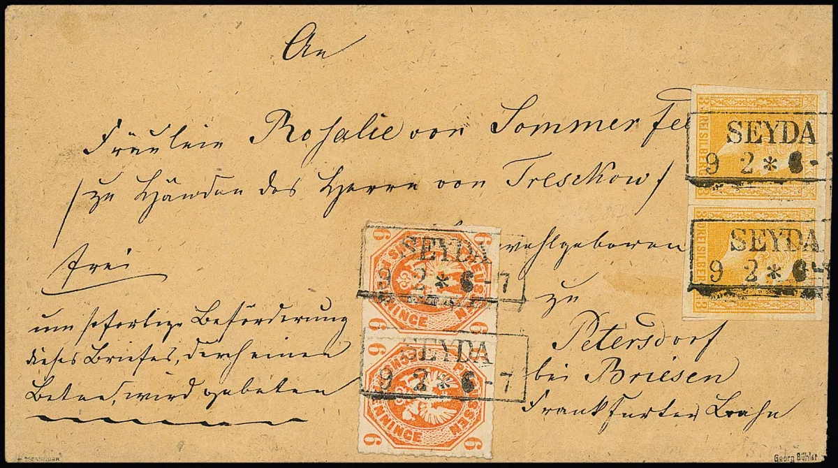 3 Sgr. orange, breitrandiges Paar in Mischfrankatur mit Wappen 6 Pfge. orangerot ebenfalls im Paar auf tadellosem beigem Landexpreßbrief mit Ra2 "Seyda" nach…
