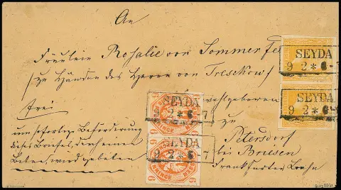 3 Sgr. orange, paire à grandes marges en affranchissement mixte avec armoiries 6 Pf. orange-rouge également en paire sur lettre exprès rurale beige impeccable avec Ra2 "Seyda"…
