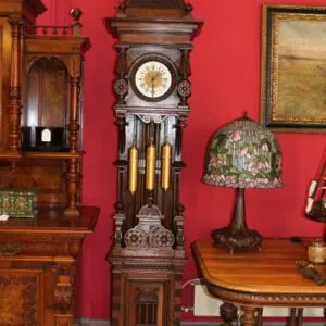 Grande horloge Gründerzeit avec 3 poids, état restauré prêt à poser, H 255cm x L 53cm x P 44cm