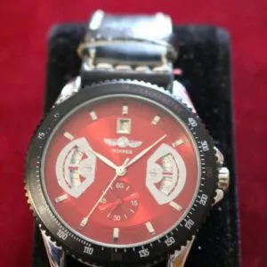 Herren Armbanduhr, Winner, rotes Ziffernblatt, schwarzes Armband